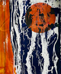 an orange and blue painting with a circle in the middle