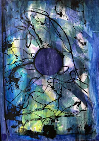 a painting with a blue background and a blue circle